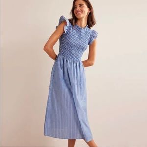 Boden Blue Smocked Stripe Pocketed Midi Dress
